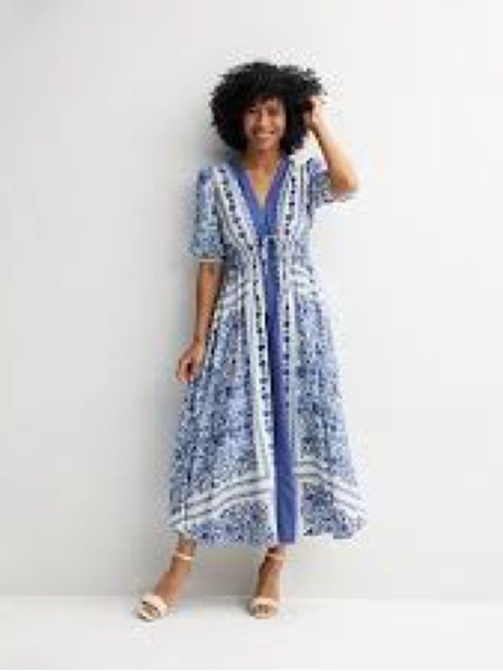 Taylor Blue and White Floral V-Neck Maxi Dress Puff Short Sleeves size 14 XL